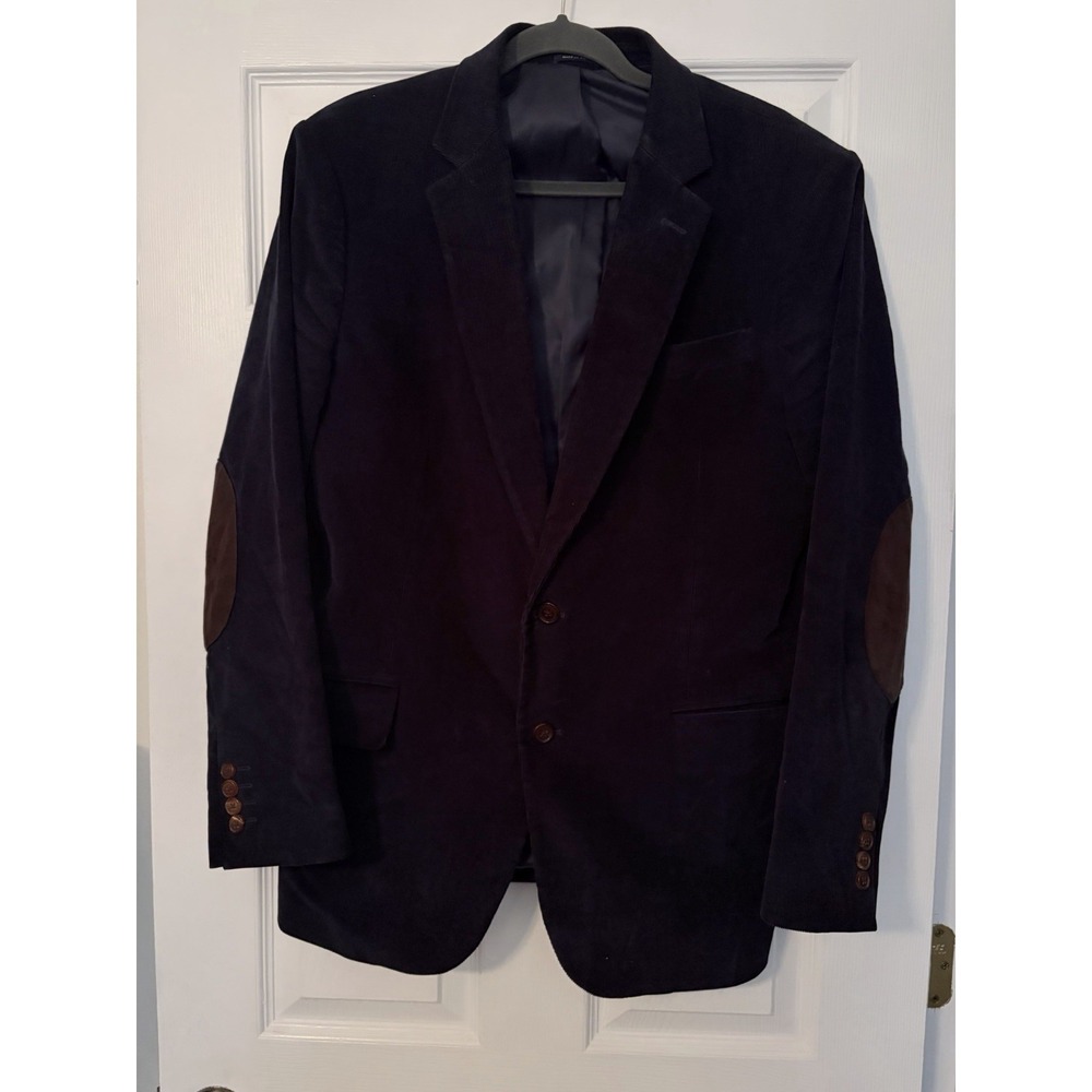Stafford Men's Slim Fit Corduroy Sport Coat Blazer‎ Leather Elbows Navy Blue 44R